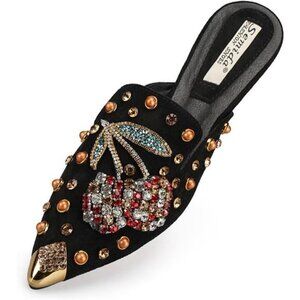 Mules for Women Flats Comfortable Soft Memory Foam Insole Cherry Pointed Rivet